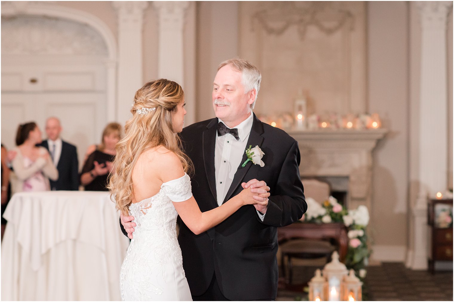 bride and father dance during NJ wedding reception in ballroom
