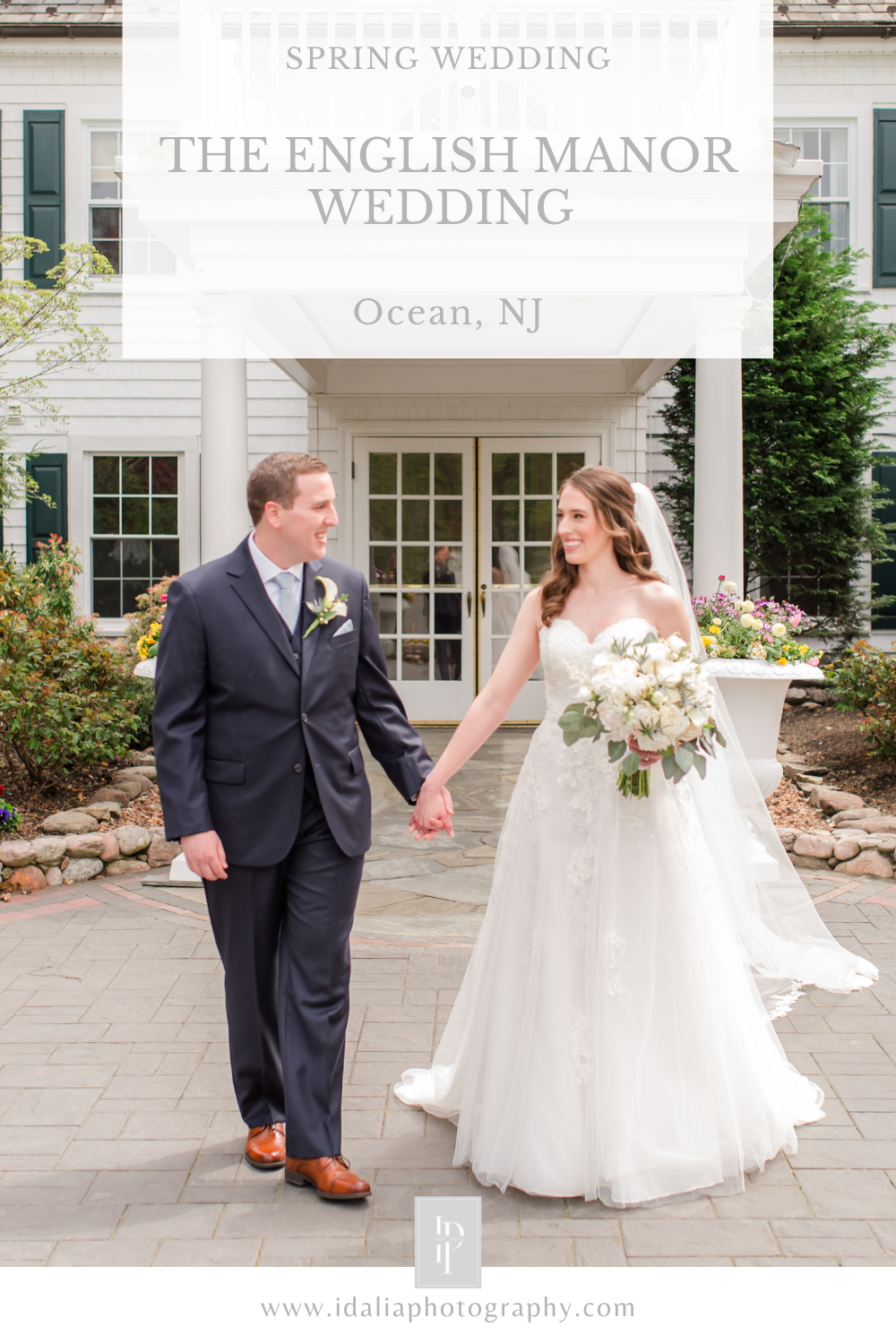 bride and groom walk outside The English Manor