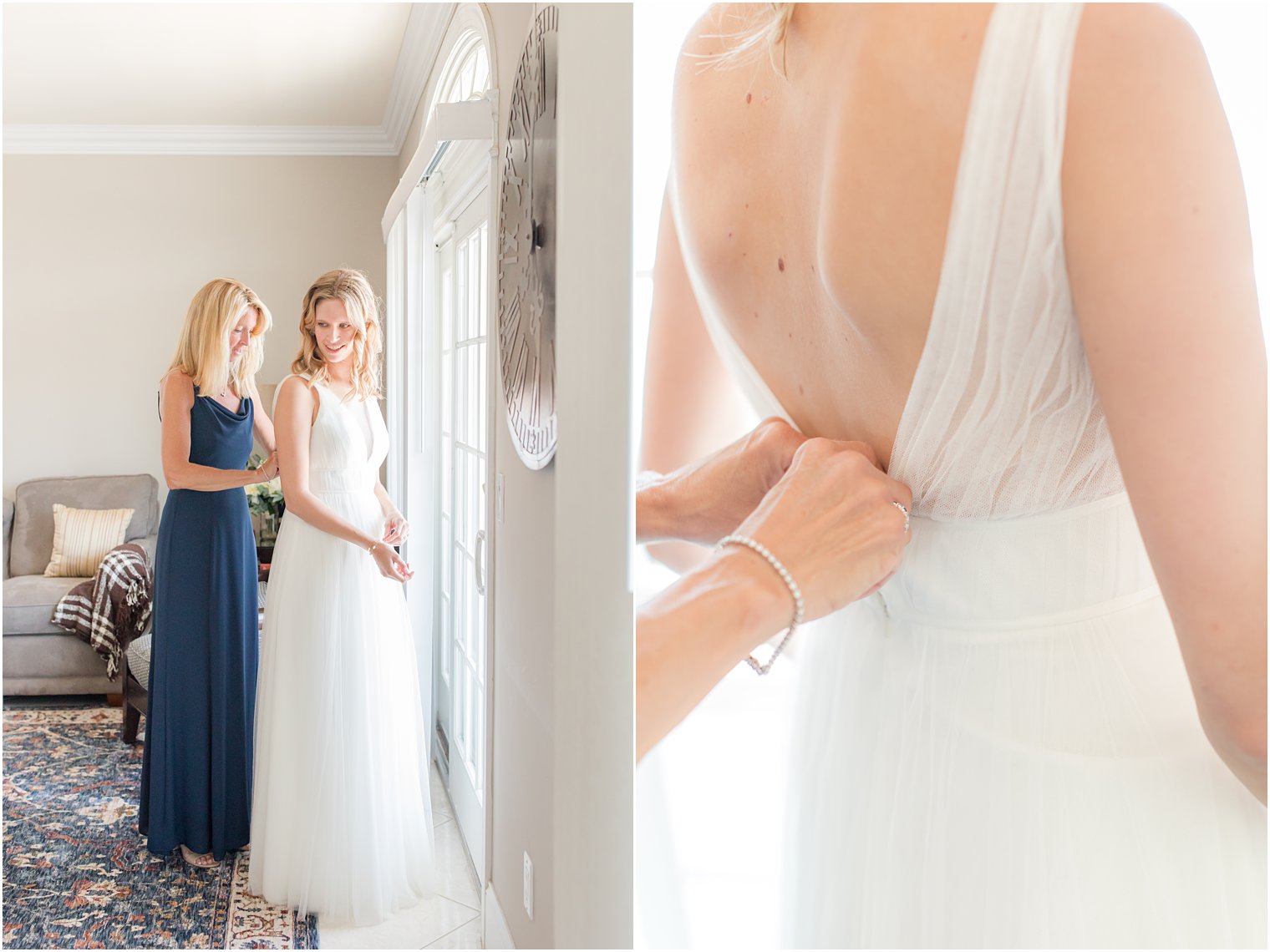 mother in navy gown helps bride with wedding gown 