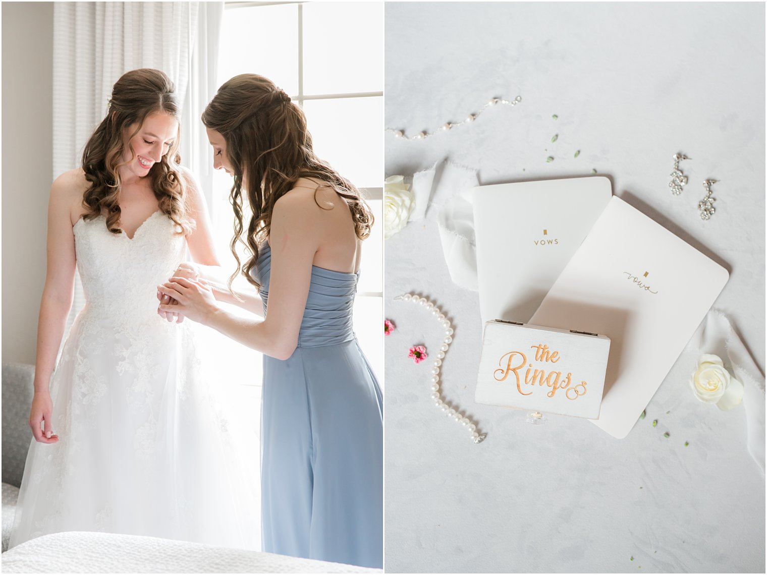bridesmaid helps bride with pearl bracelet on wedding day in New Jersey 