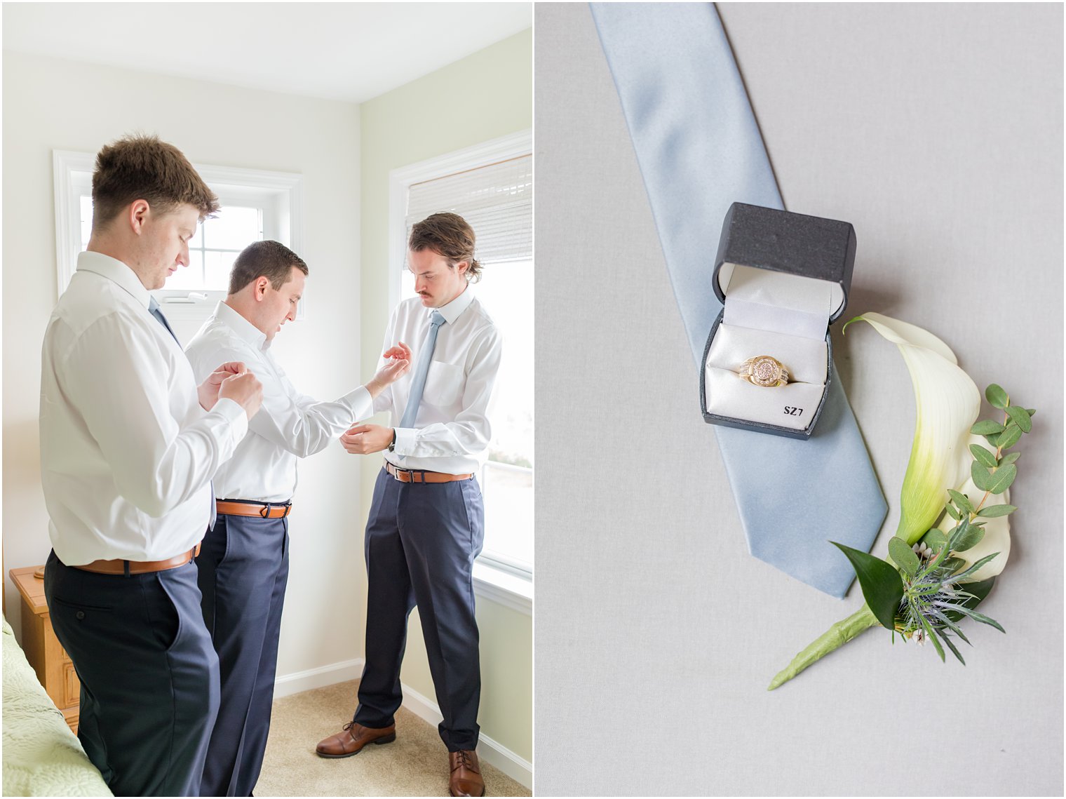 groom prepares for wedding day with two groomsmen in New Jersey 