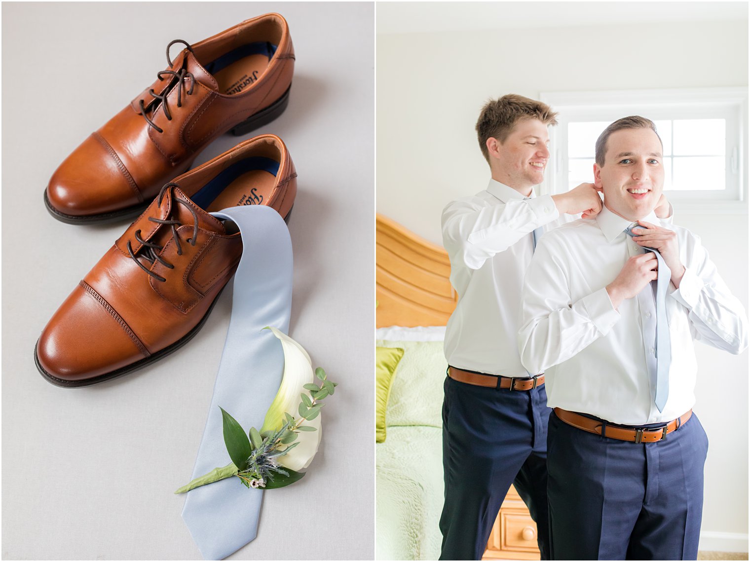 groom prepares for spring English Manor wedding day with groomsman 