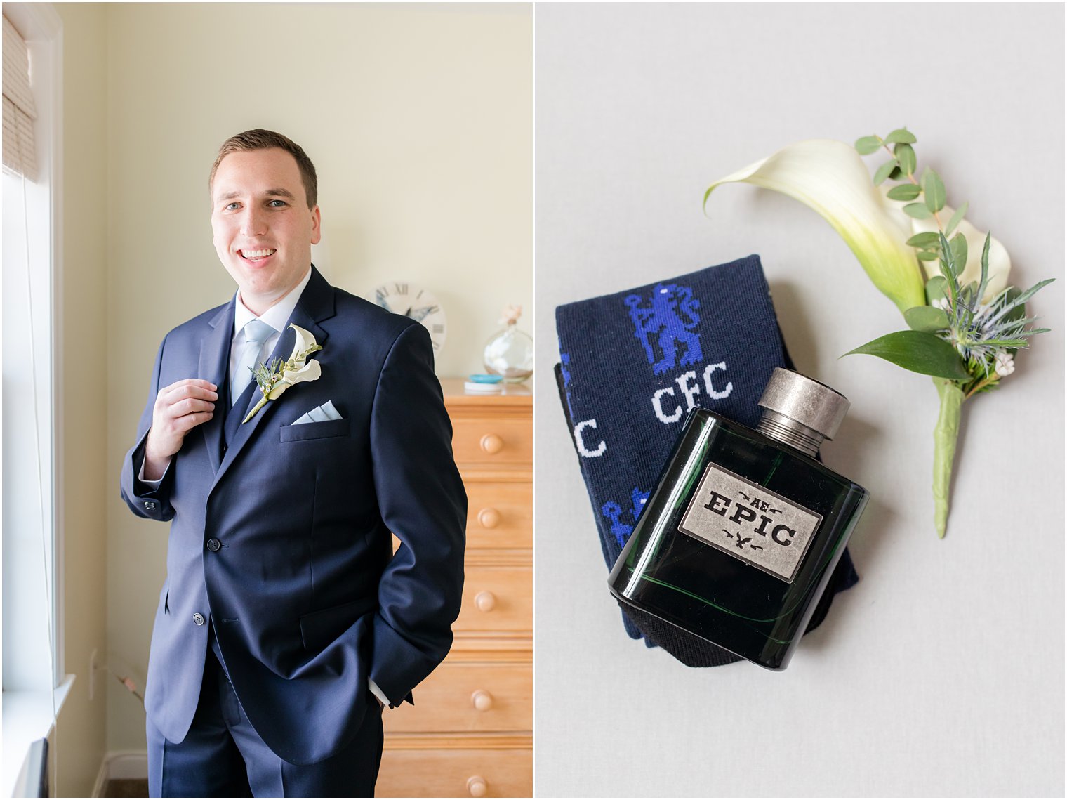 groom poses in navy suit with white calla lily boutonniere 