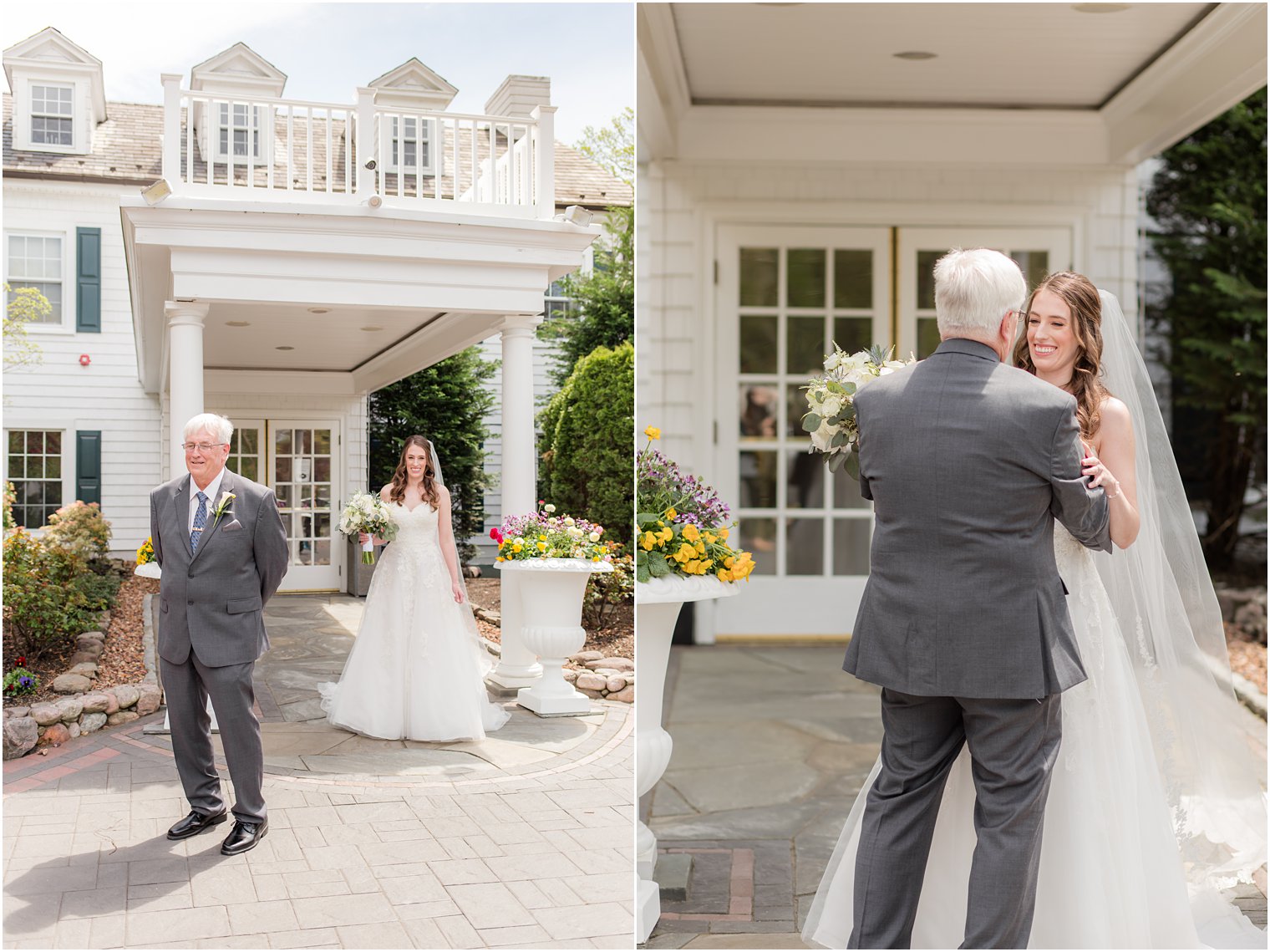 bride and father have first look before spring English Manor wedding day