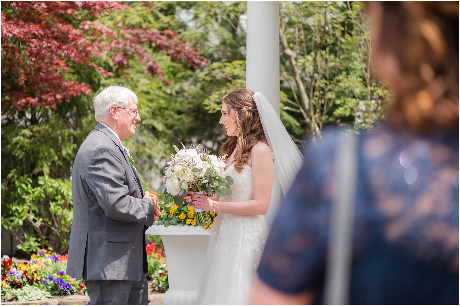 bride has first look with dad outside The English Manor 