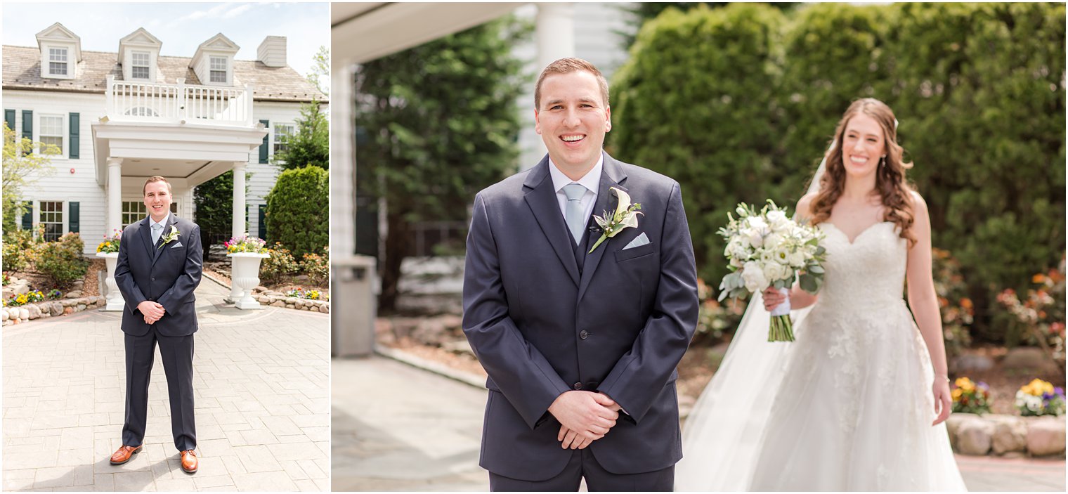 bride approaches groom for first look during New Jersey wedding 