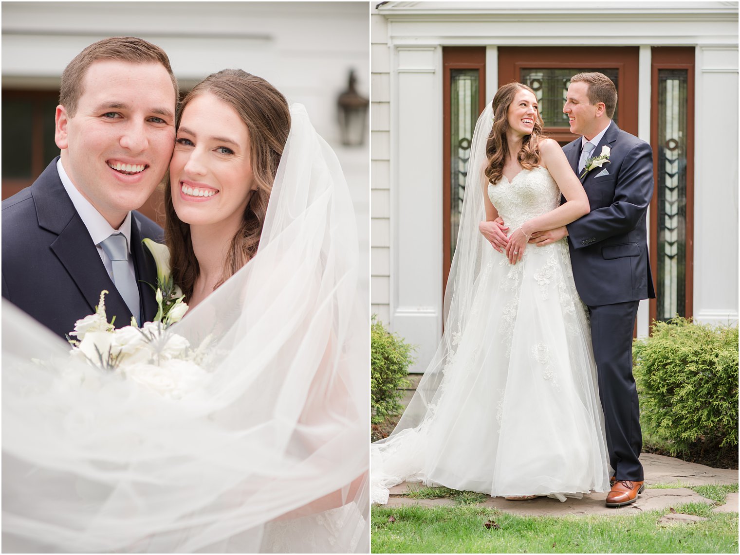 spring English Manor wedding portraits of bride and groom with veil draped around their shoulders
