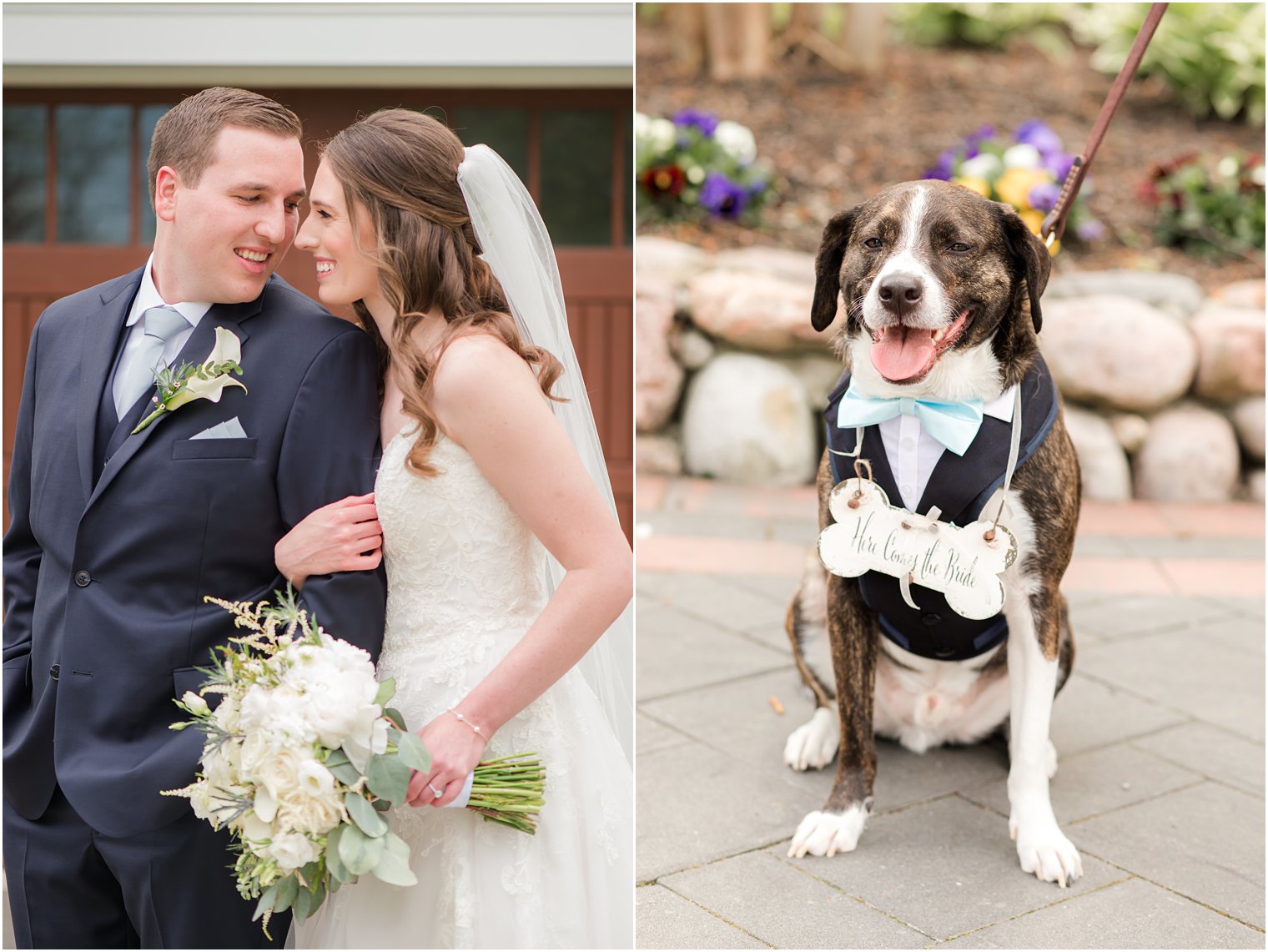 bride and groom pose before spring English Manor wedding with dog wearing light blue tie 