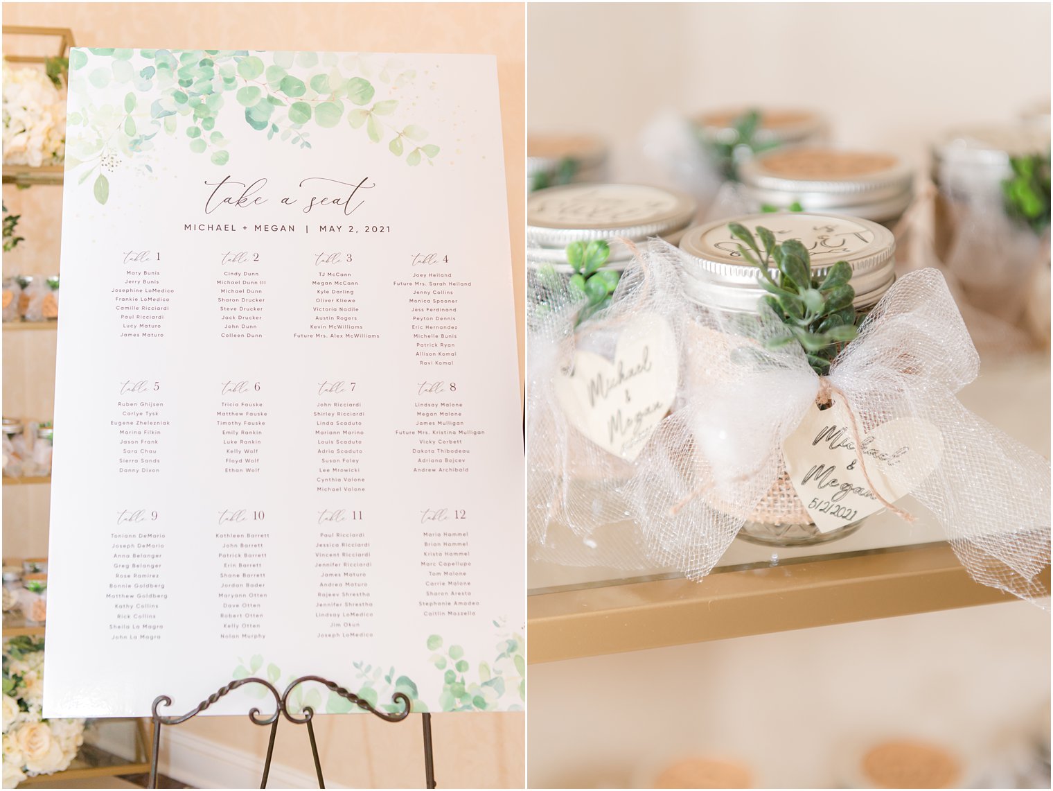 seating chart and favors with greenery accents for spring English Manor wedding