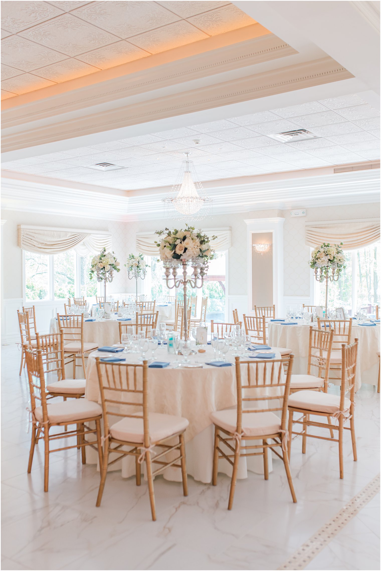spring English Manor wedding reception with light blue details 