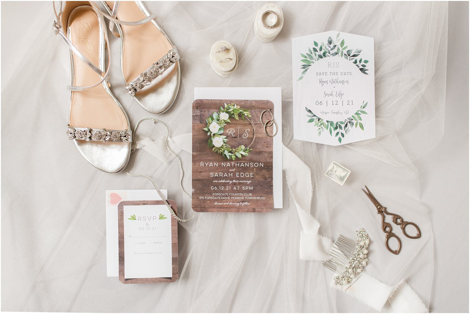 flatly of summer wedding day details including shoes, rings and invitation suite 