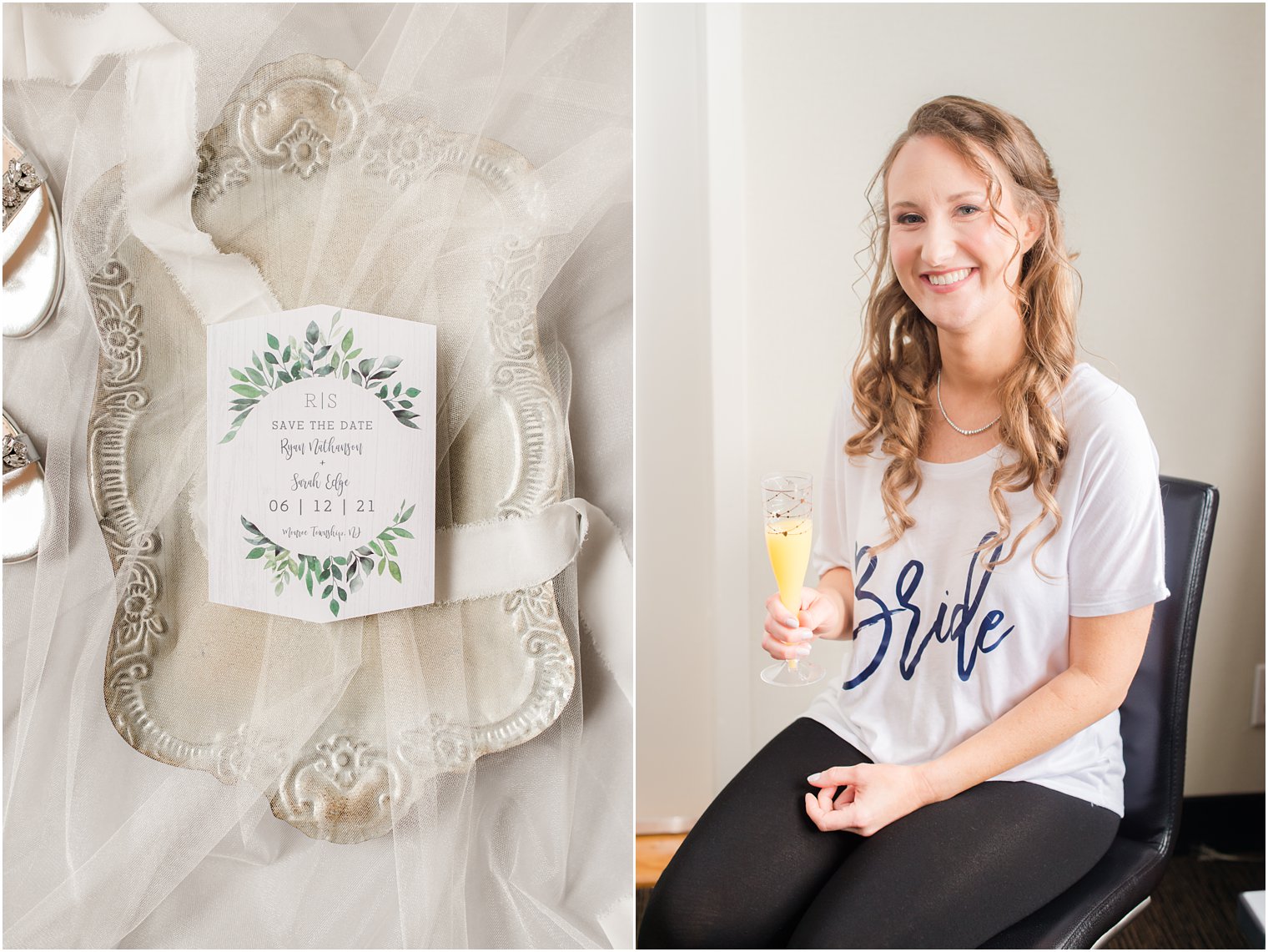 bride holds mimosa before Forsgate Country Club wedding day 