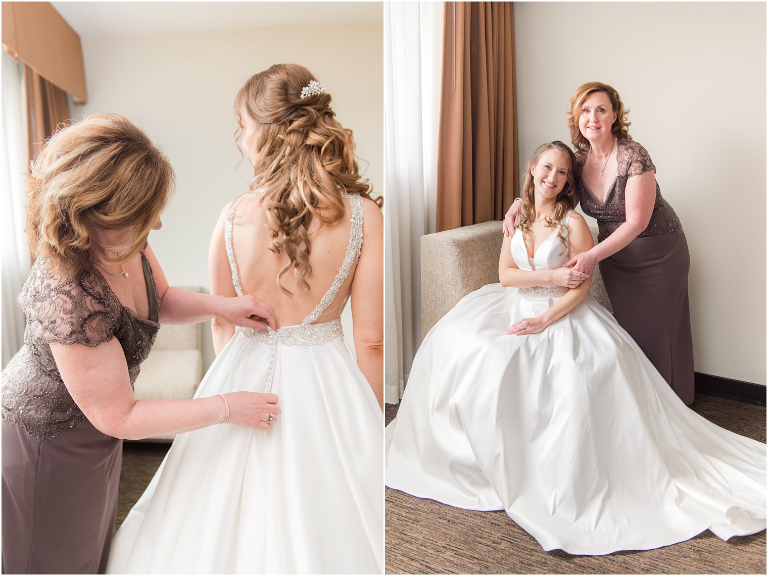 mother of the bride helps bride with wedding dress 