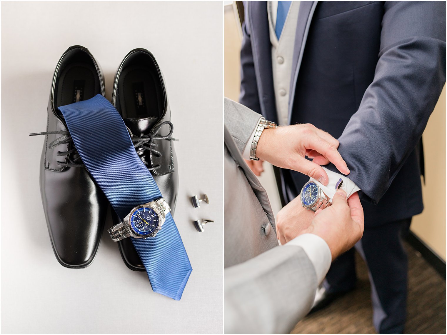 groom adjusts cufflinks before Forsgate Country Club wedding 