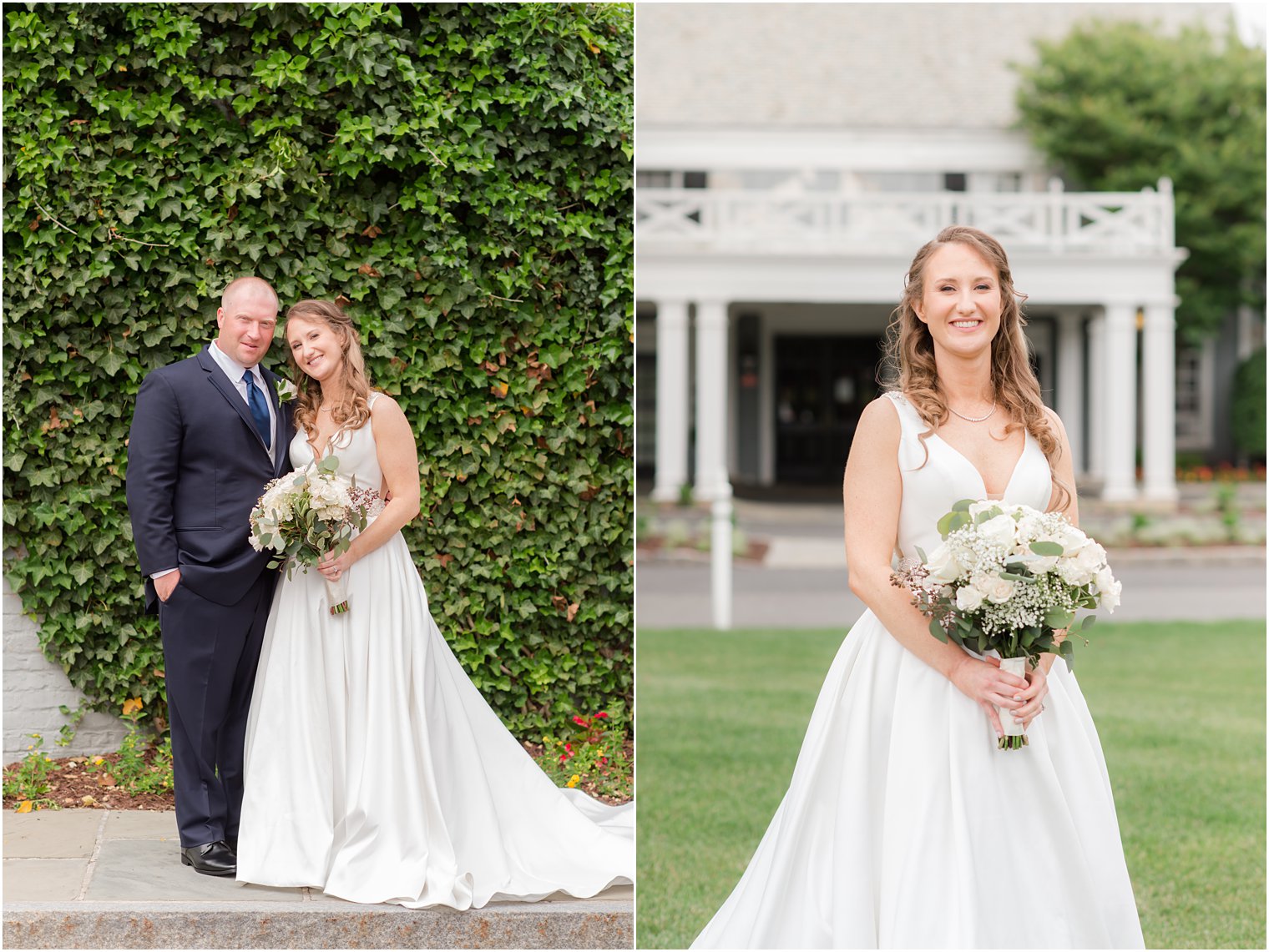 bride and groom pose together outside ivy covered wall in New Jersey 