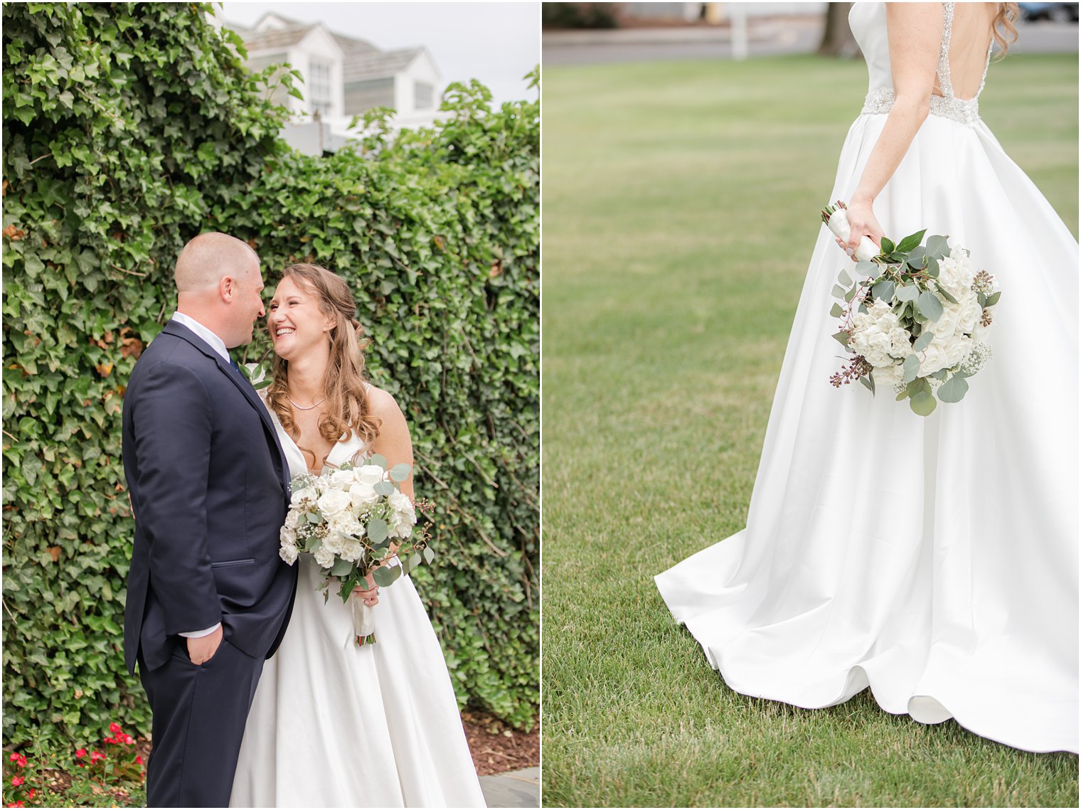 newlyweds laugh together by ivy wall at Forsgate Country Club