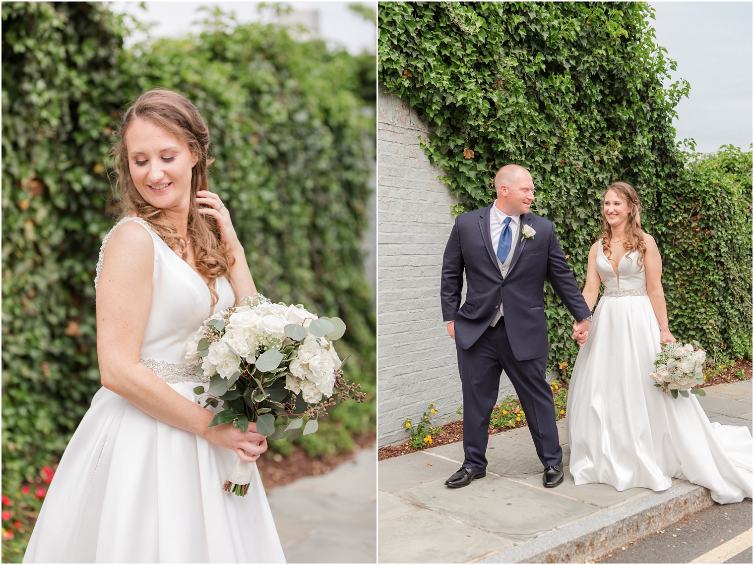 bride pushes hair back looking over her shoulder at Forsgate Country Club