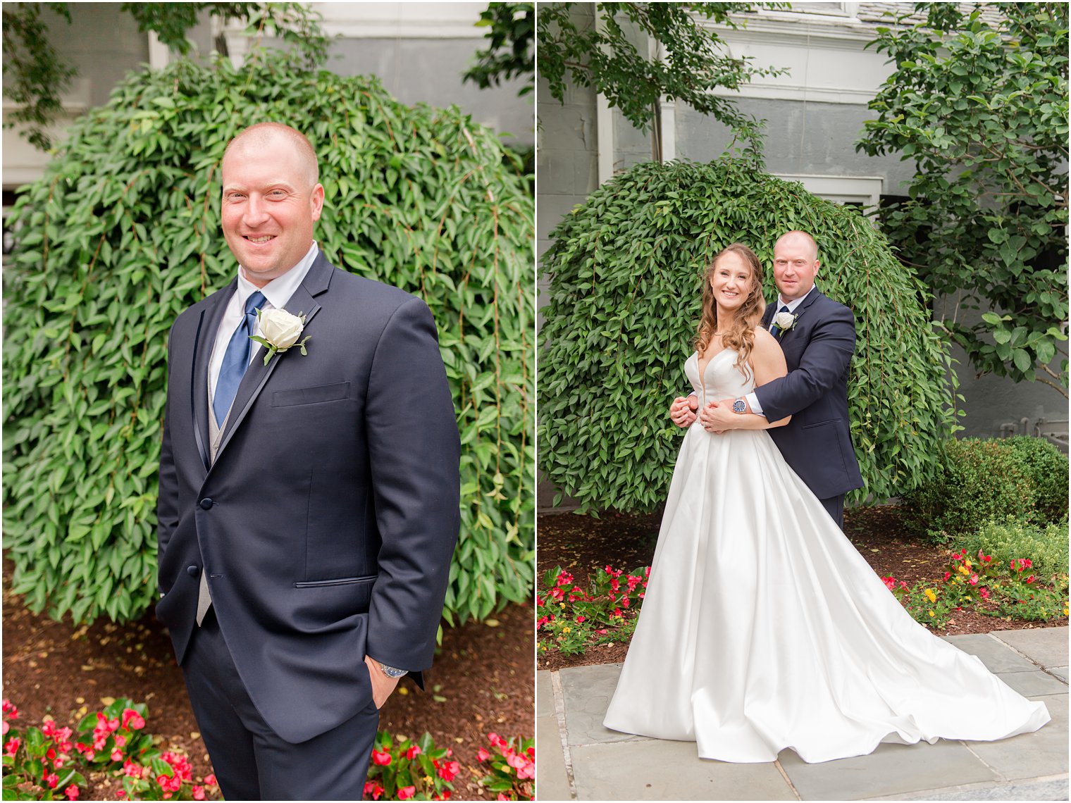 bride and groom pose together on sidewalk at NJ wedding venue, Forsgate Country Club