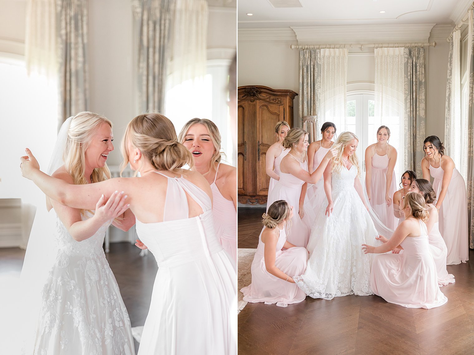 bridesmaids help bride prepare for New Jersey wedding day