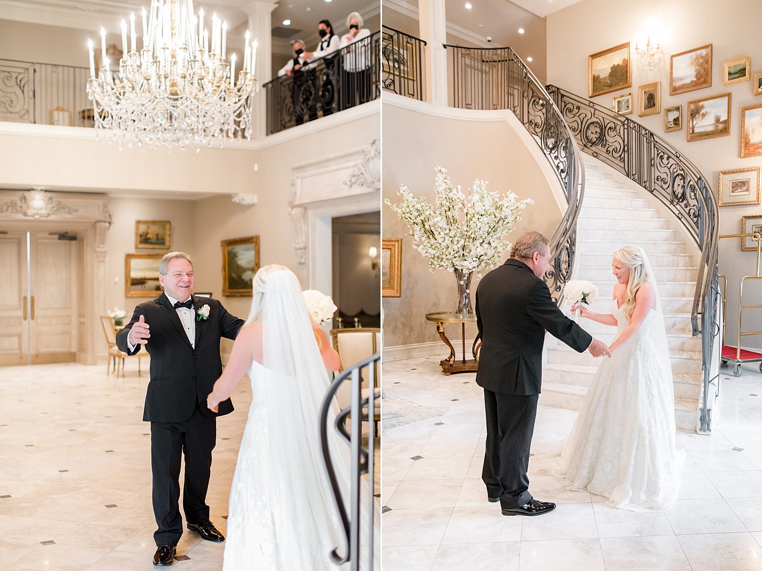 bride and dad have first look in New Jersey wedding venue lobby