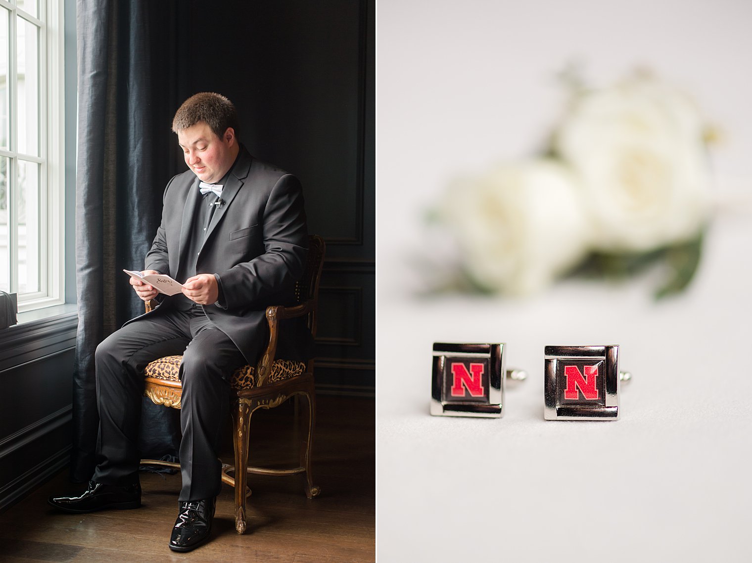 groom reads letter with custom Nebraska cufflinks