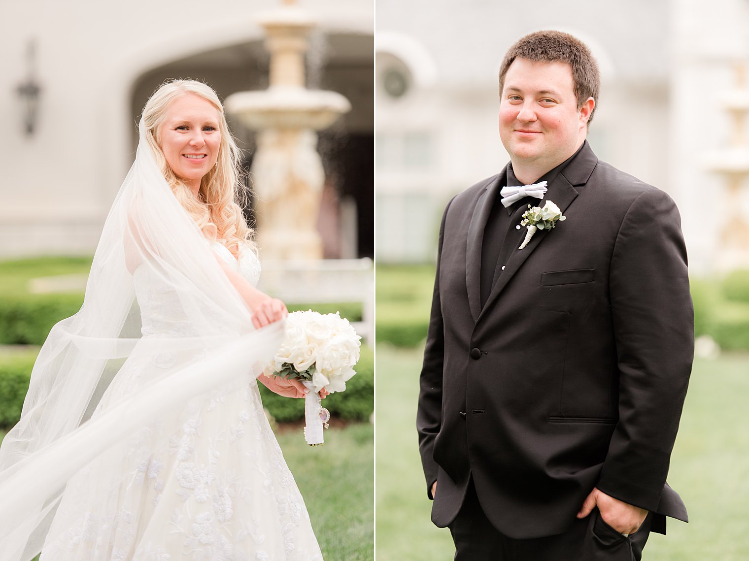 classic portraits of bride and groom on lawn in New Jersey