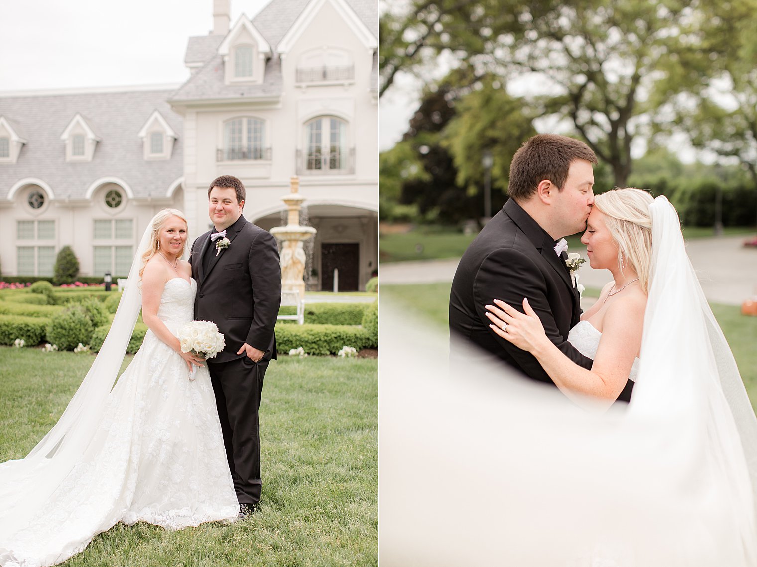 bride and groom pose together on lawn at Park Chateau Estate