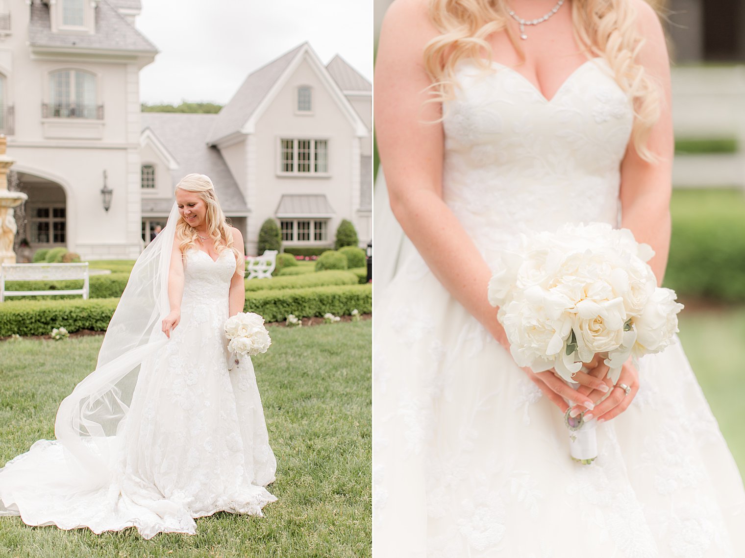 bride holds bouquet of all white roses on lawn at Park Chateau Estate