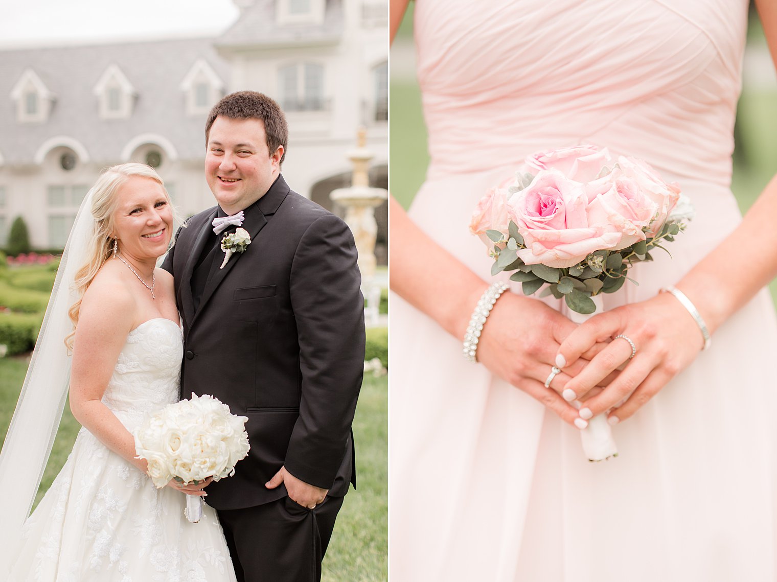 bridesmaid holds bouquet of pale pink roses