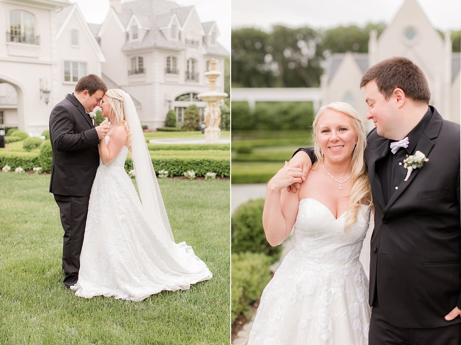 bride and groom stand nose to nose in garden in New Brunswick