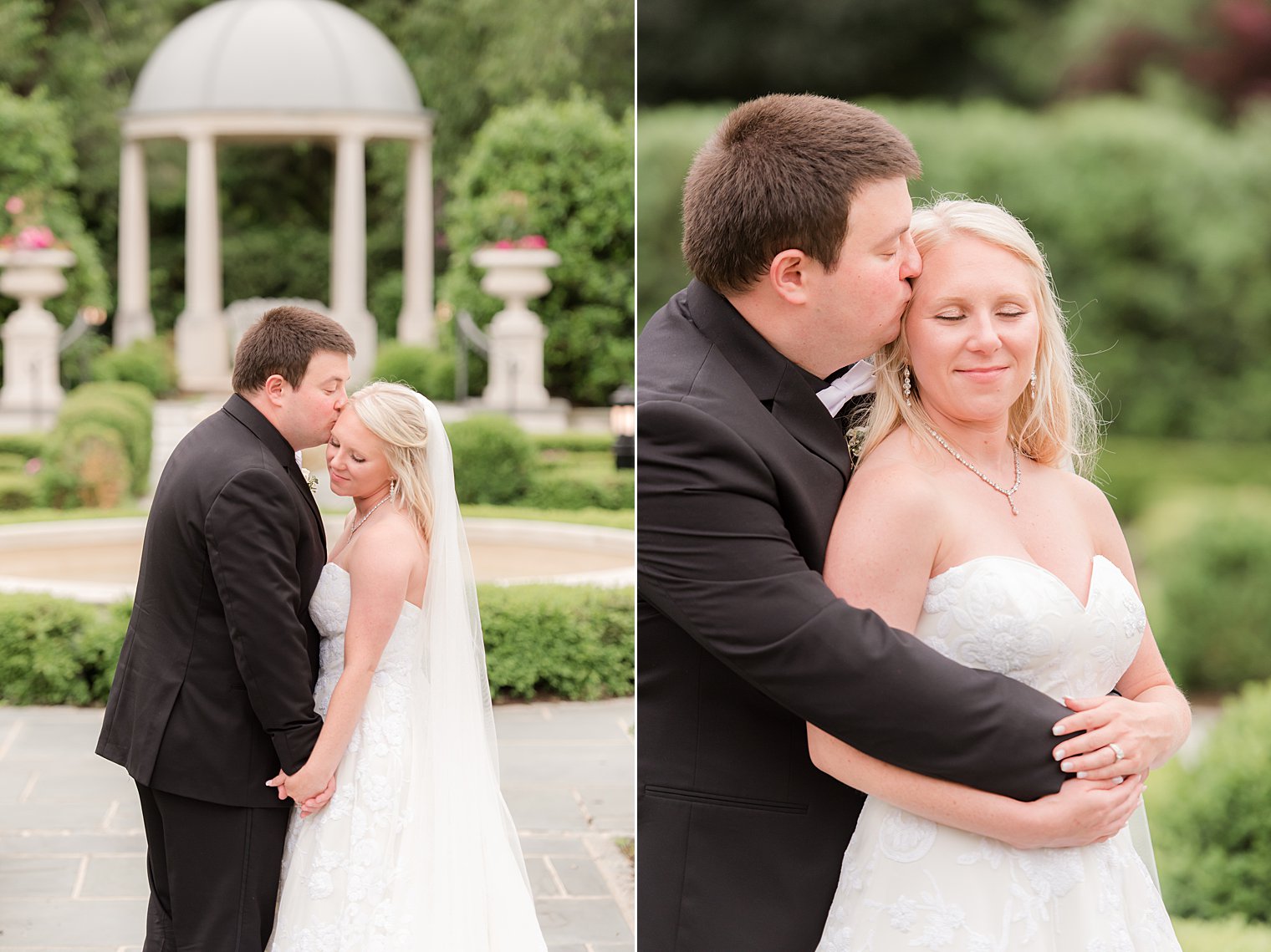 newlyweds hug in gardens in New Brunswick NJ