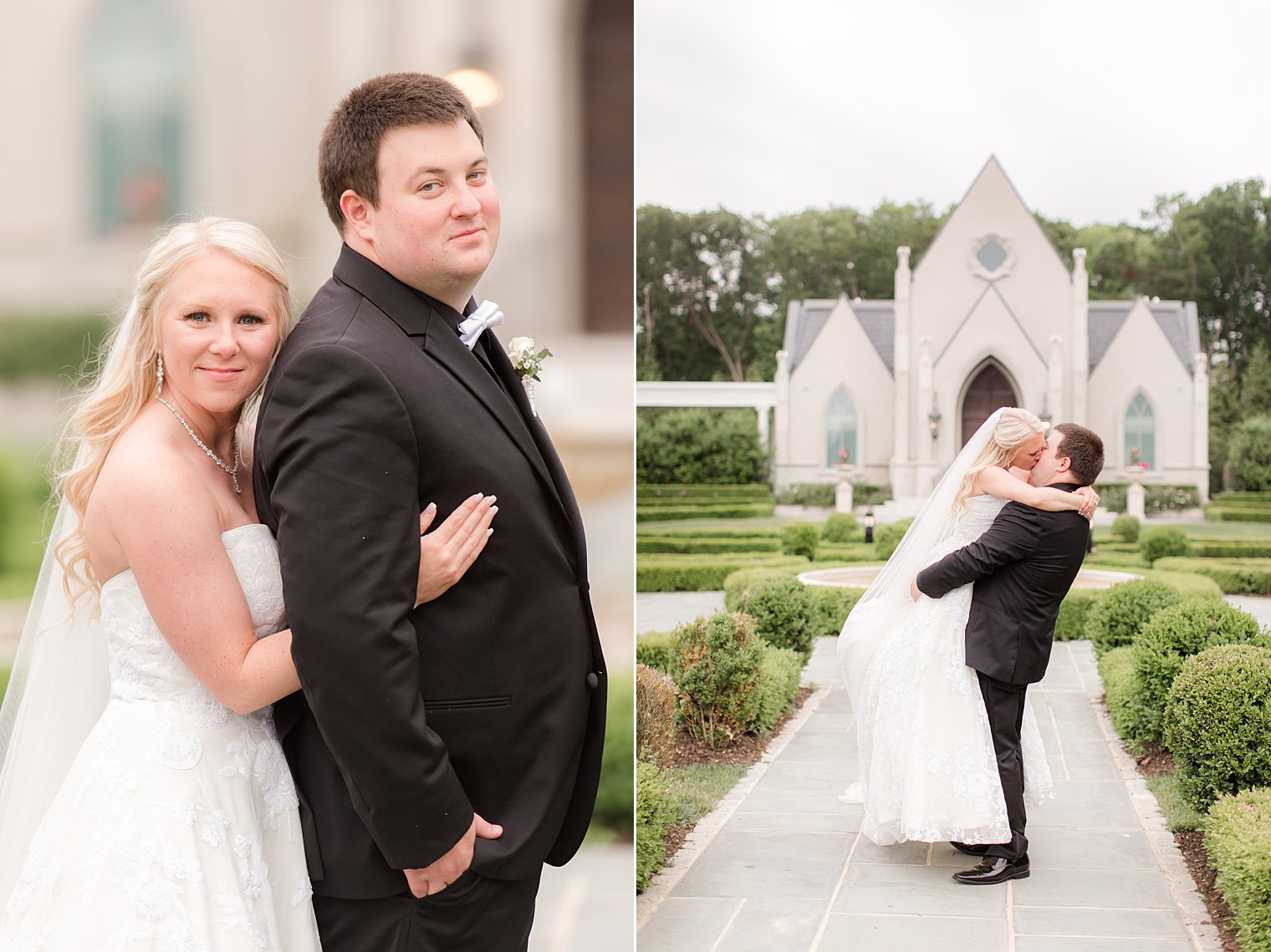 newlyweds stand in gardens at Park Chateau Estate