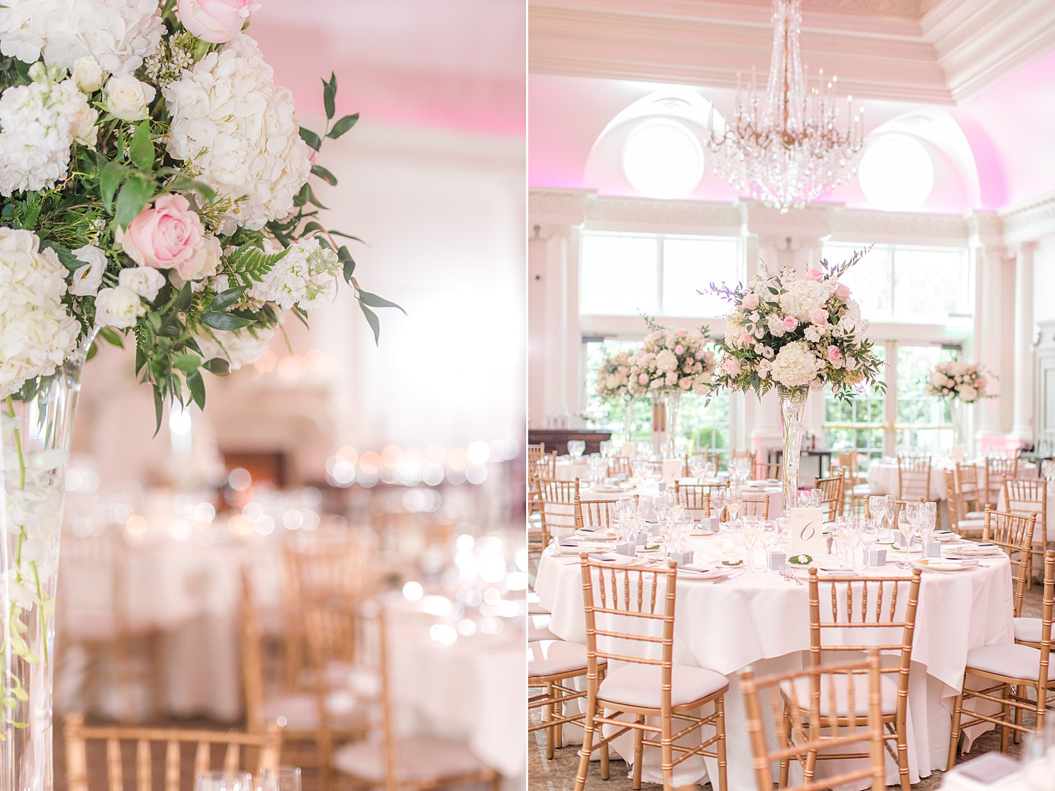 light pink and ivory floral centerpieces at Park Chateau Estate