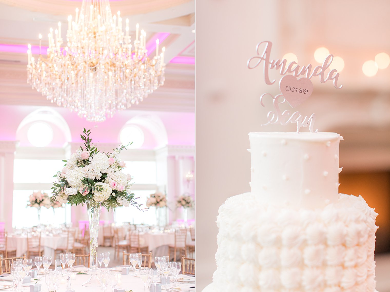 pink and white floral centerpieces at Park Chateau Estate