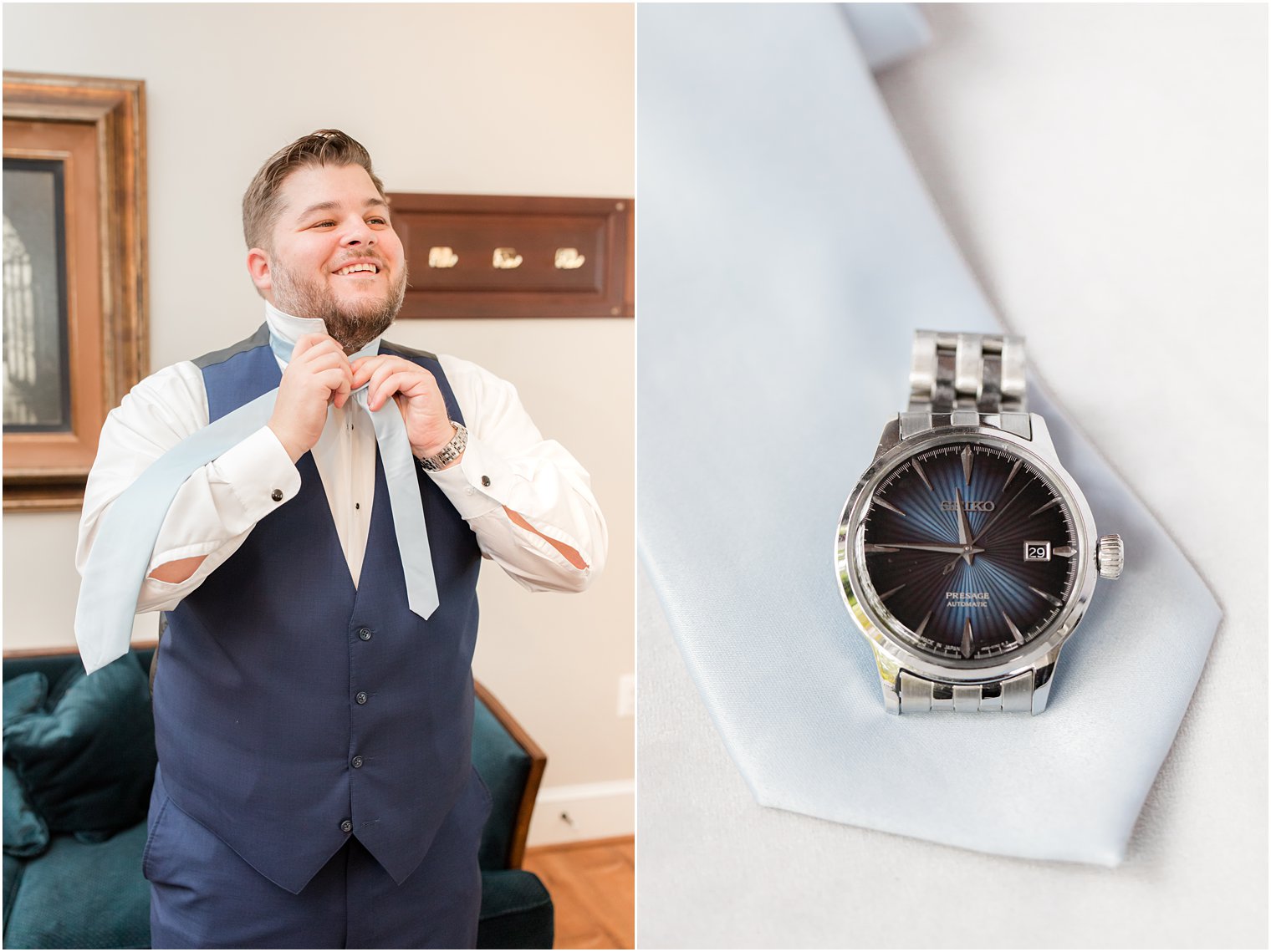 groom adjusts light blue tie before Rosemont Manor wedding