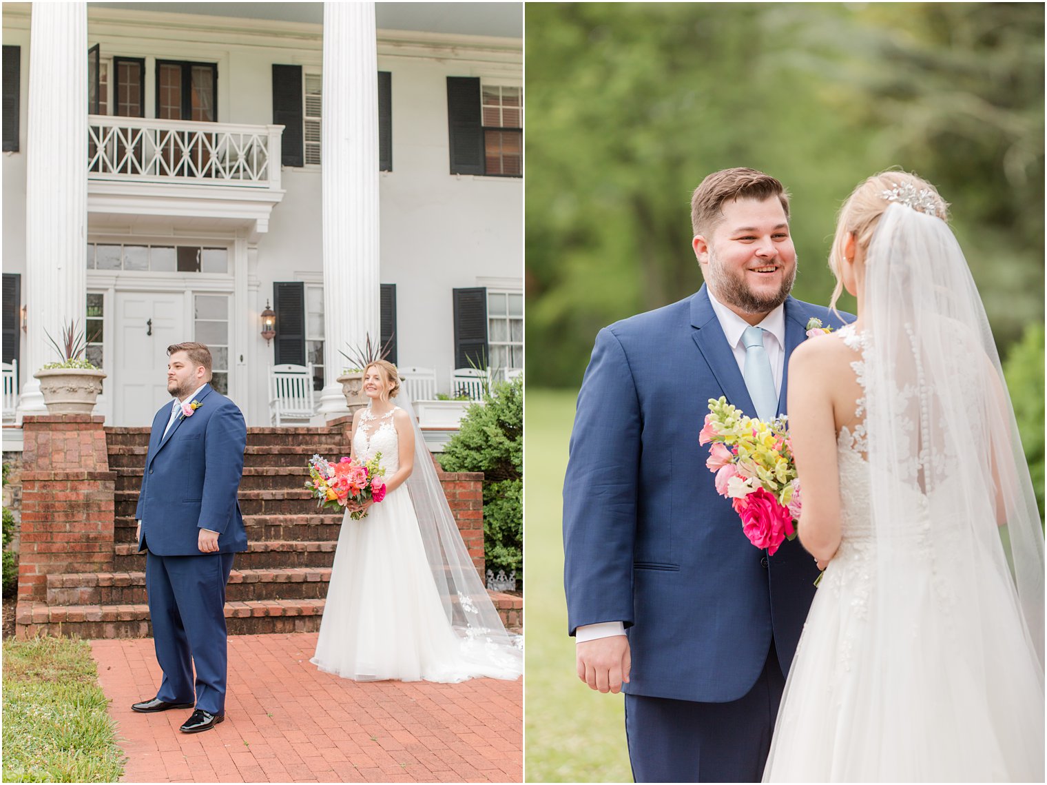groom sees bride for the first time on wedding day outside Rosemont Manor