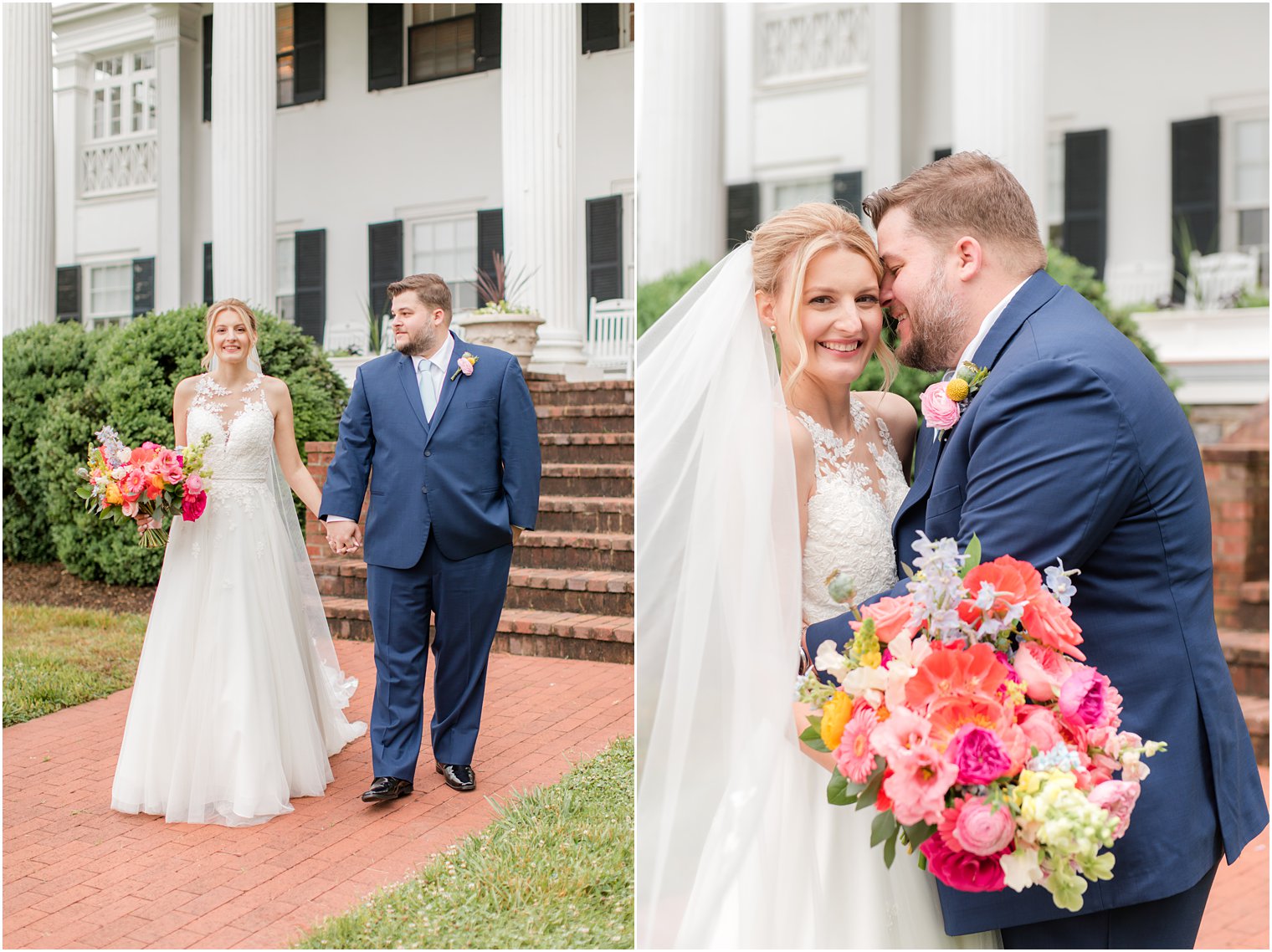 groom in navy suit walks with bride outside Rosemont Manor