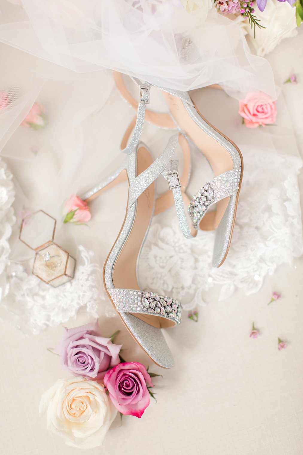 bride's silver shoes for Staten Island wedding at home 