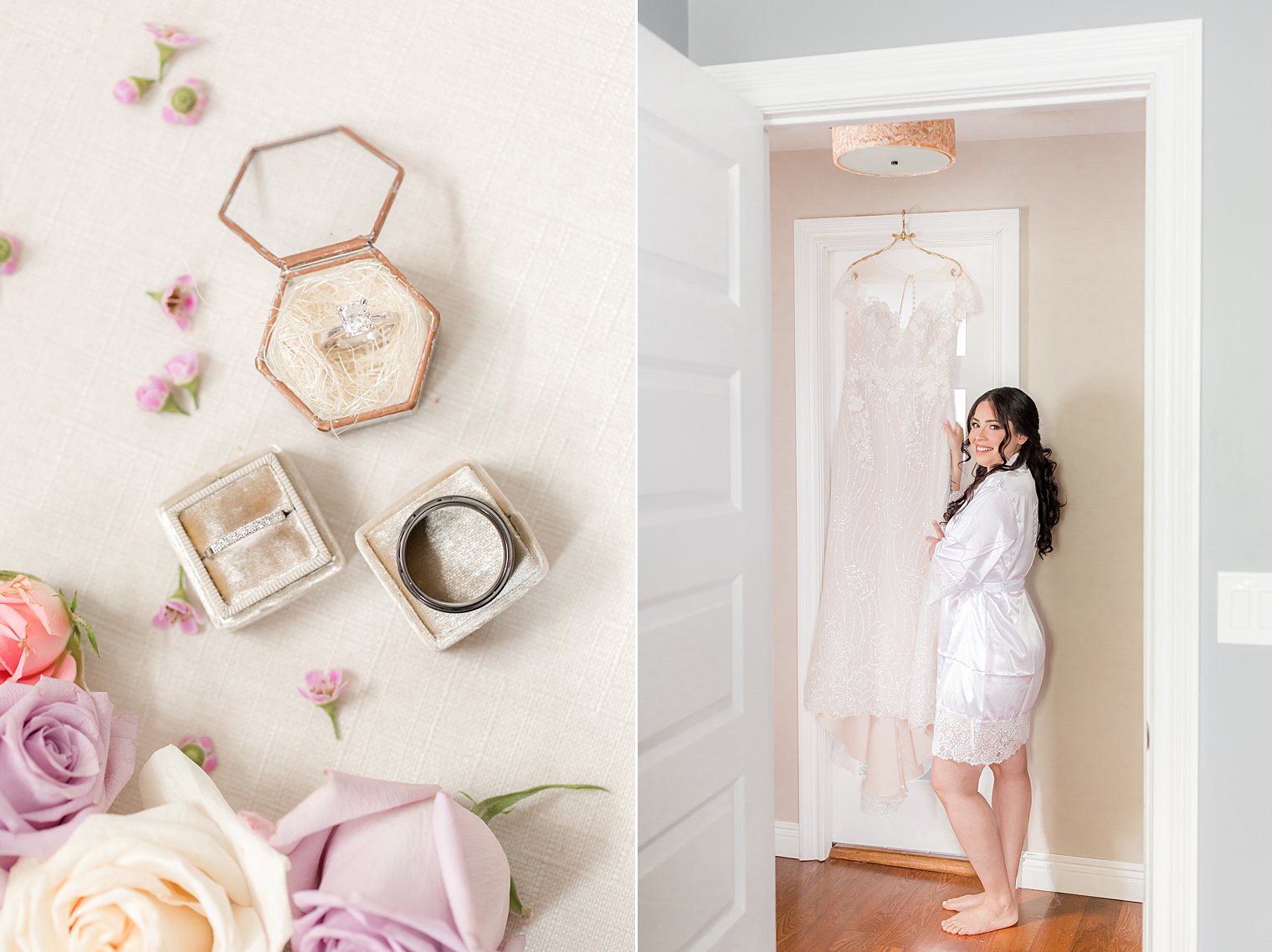 bride looks at wedding dress hanging on closet door at home 