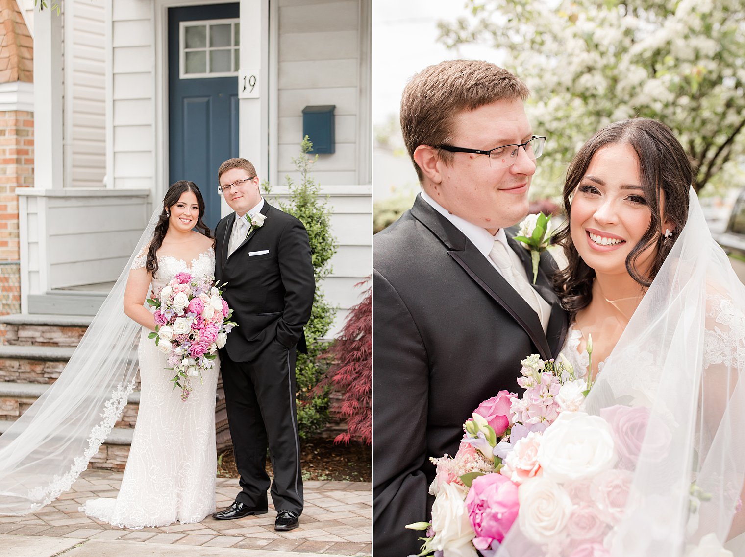 bride and groom pose outside Staten Island NY home on wedding day 