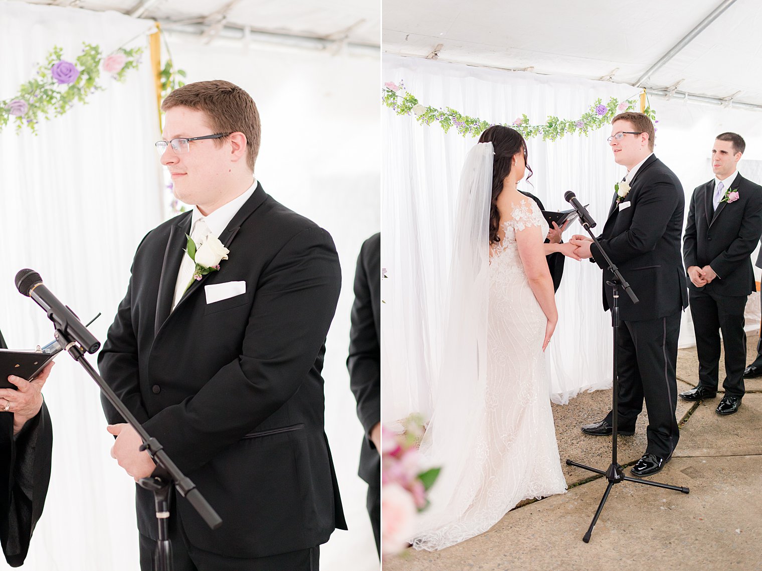 bride and groom exchange vows during tented wedding ceremony in backyard