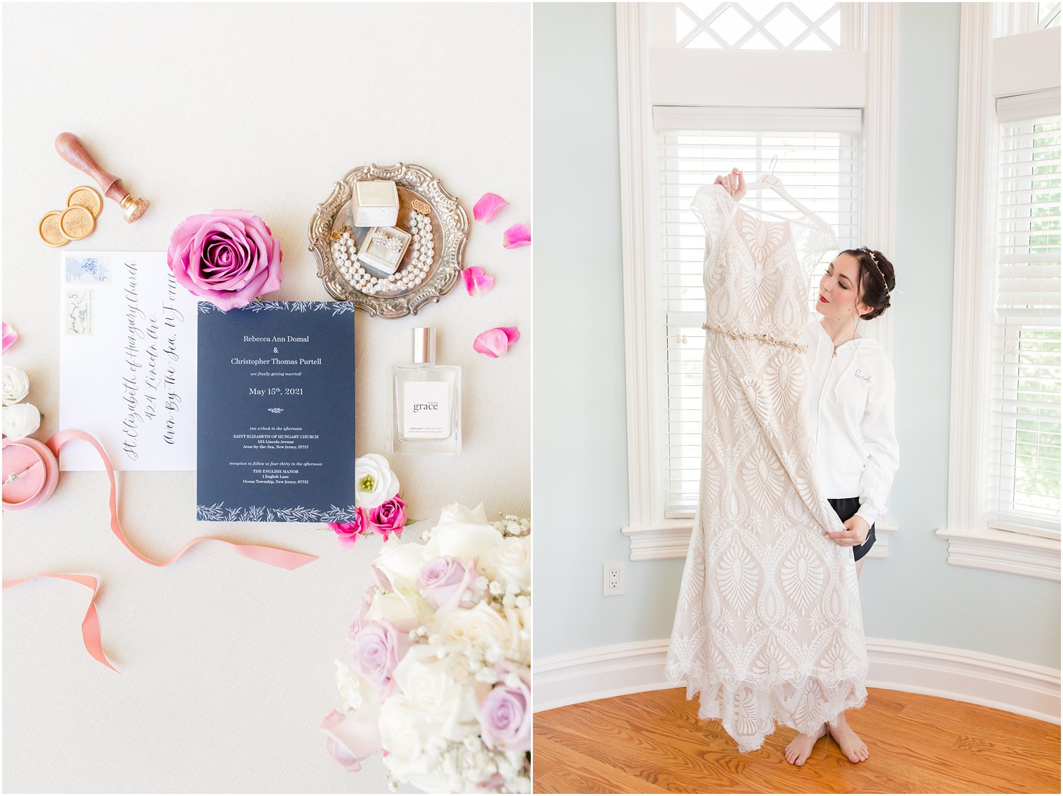 bride looks at wedding dress for NJ wedding