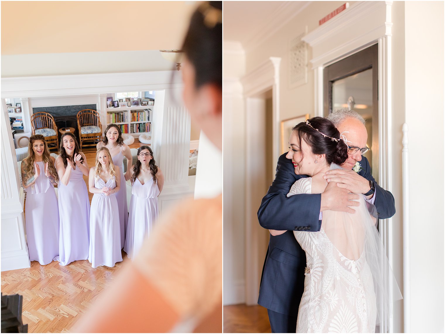 bride has first look with father and bridesmaids