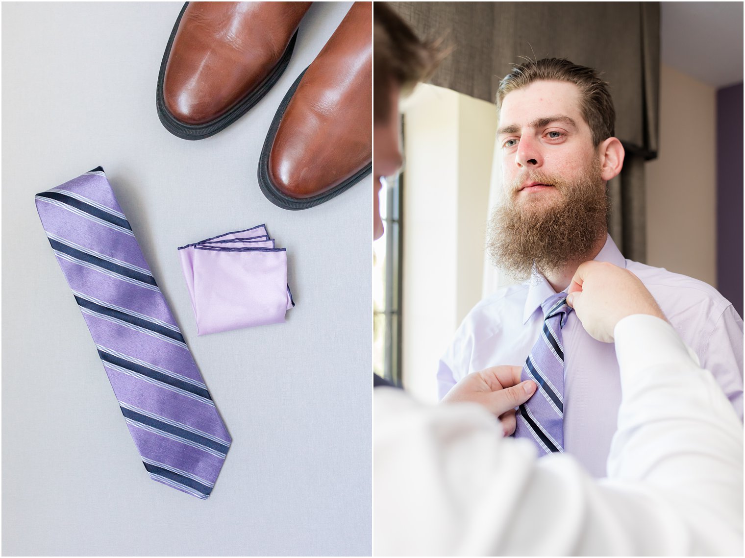 groom prepares for New Jersey wedding with purple details