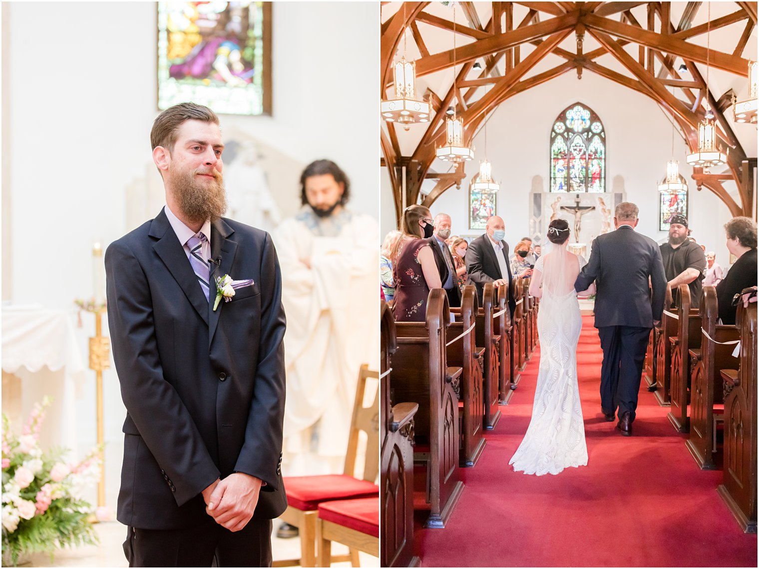 groom watches bride walk down aisle during traditional church wedding in New Jersey