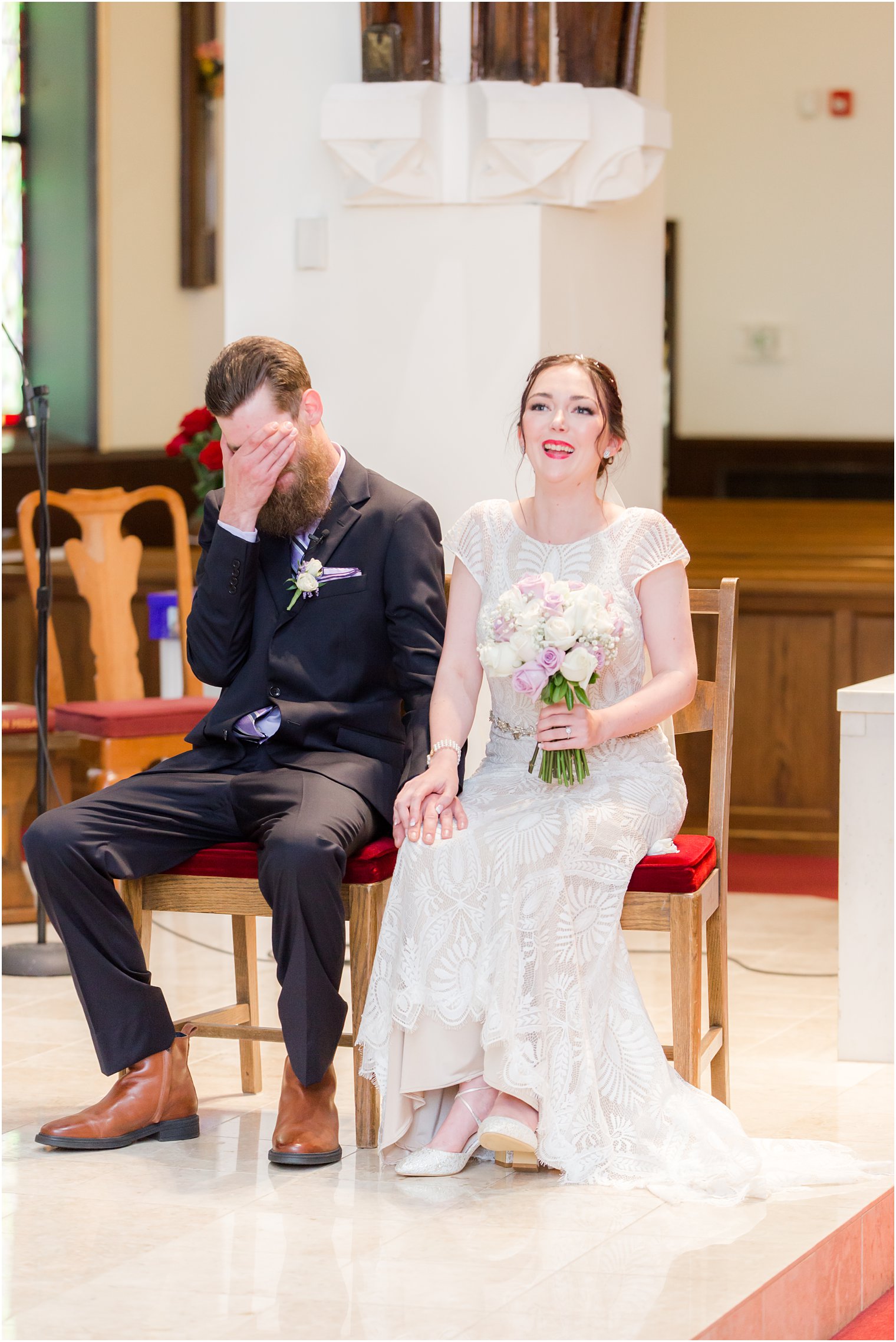 groom cries during traditional church wedding in New Jersey