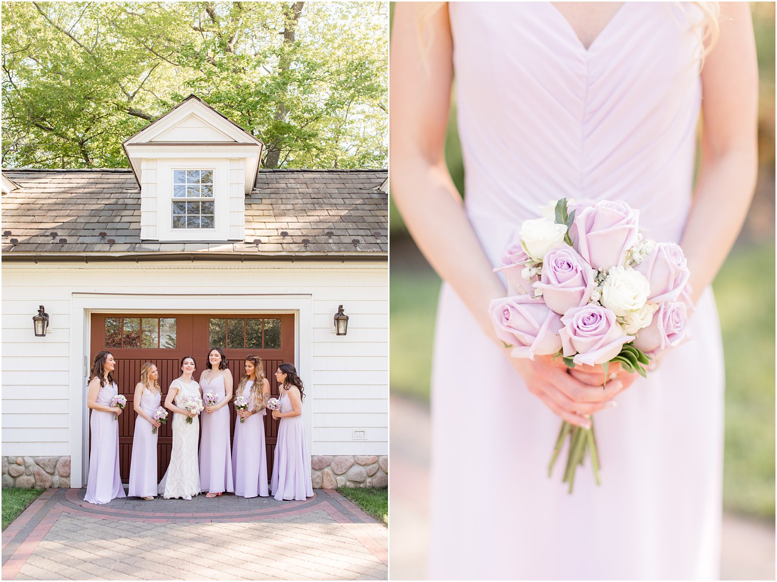bridesmaid holds bouquet of pastel purple roses