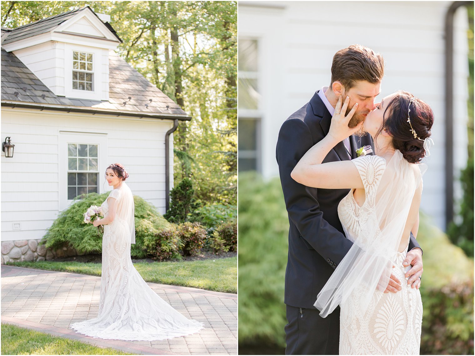 bride and groom kiss outside The English Manor carriage house