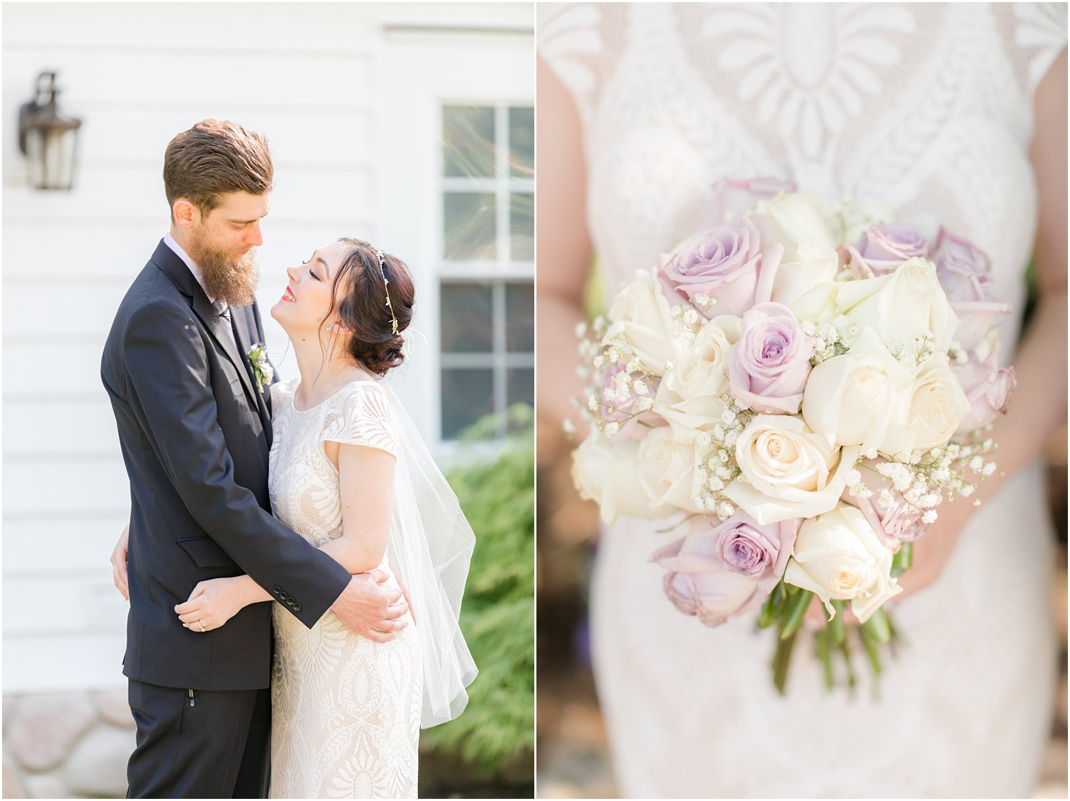 newlyweds hug outside The English Manor and bride holds bouquet of ivory flowers