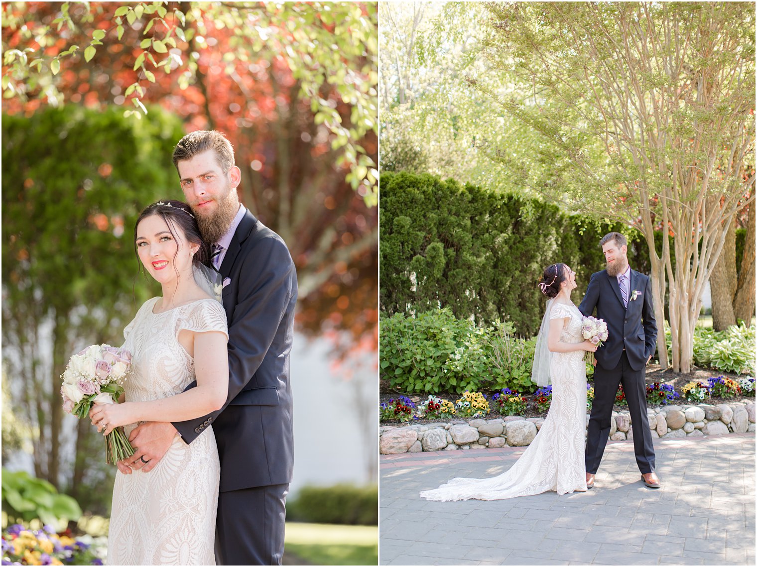 bride and groom walk through garden in New Jersey 